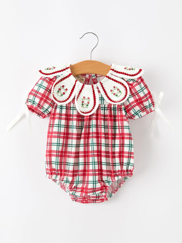 Red Christmas Plaid Wreath Baby Girl Bubble Romper