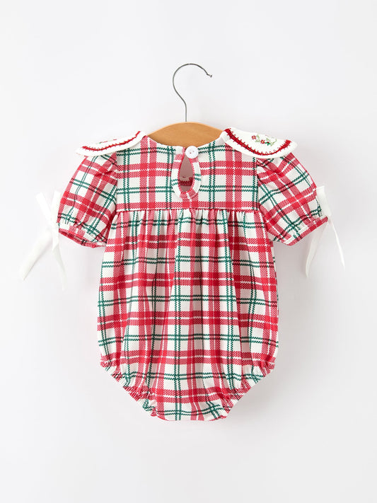 Red Christmas Plaid Wreath Baby Girl Bubble Romper -
