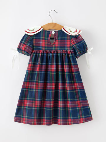 Navy Red Christmas Plaid Wreath Embroidered Girl Dress