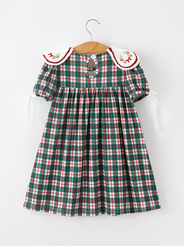 Baby Girl Christmas Plaid Embroidered Dress Wreath Collar