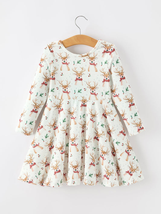 Girls Reindeer Christmas Twirl Long Sleeve Dress -