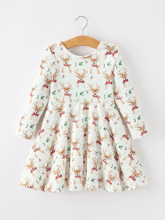Girls Reindeer Christmas Twirl Long Sleeve Dress -