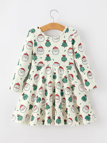 Girls Santa & Christmas Tree Print Twirl Dress
