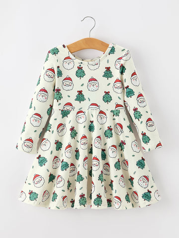 Girls Santa & Christmas Tree Print Twirl Dress