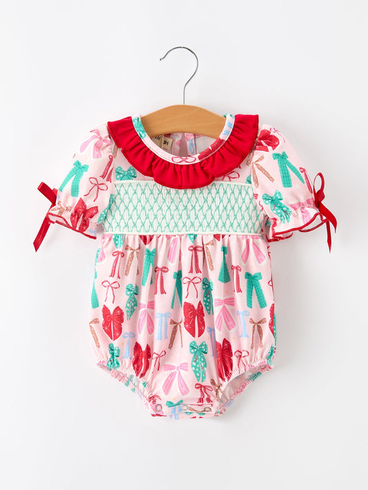 Baby Girl Christmas Smocked Bubble Romper Bow Print -