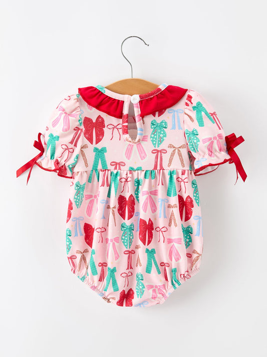 Baby Girl Christmas Smocked Bubble Romper Bow Print -