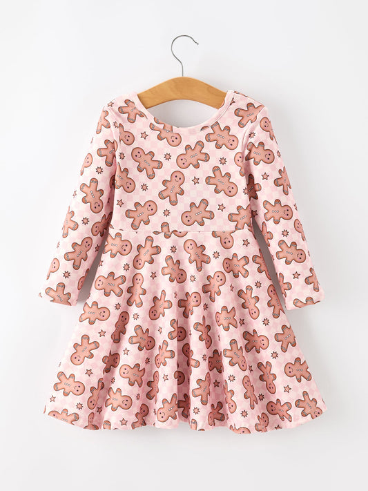 Christmas Girls Gingerbread Print Twirl Long Sleeve Dress -