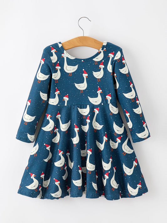 Christmas Girls Goose Twirl Dress Navy Long Sleeve Dress -