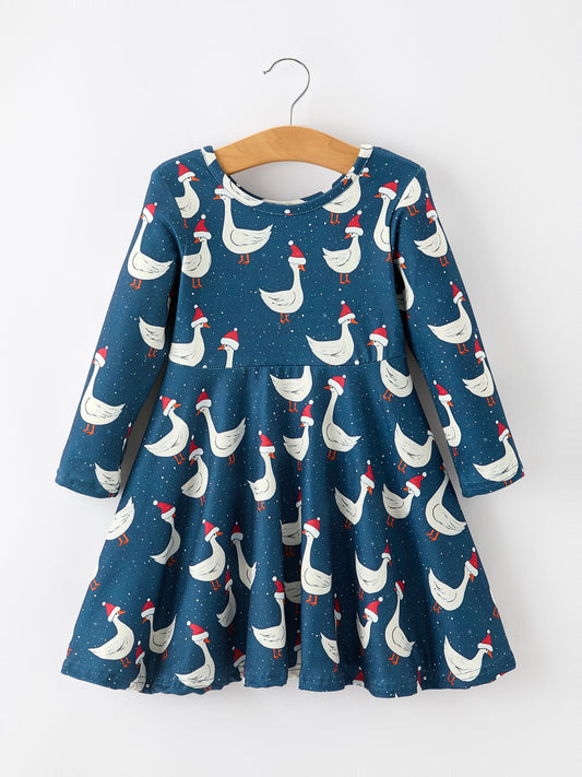 Christmas Girls Goose Twirl Dress Navy Long Sleeve Dress -