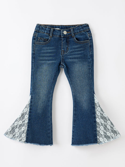 Girls Denim Bell Bottom Pants Lace Flare Jeans -