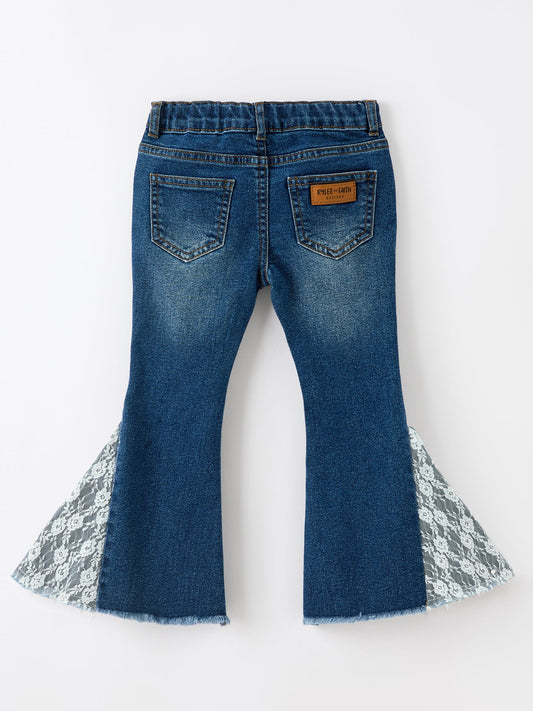 Girls Denim Bell Bottom Pants Lace Flare Jeans -