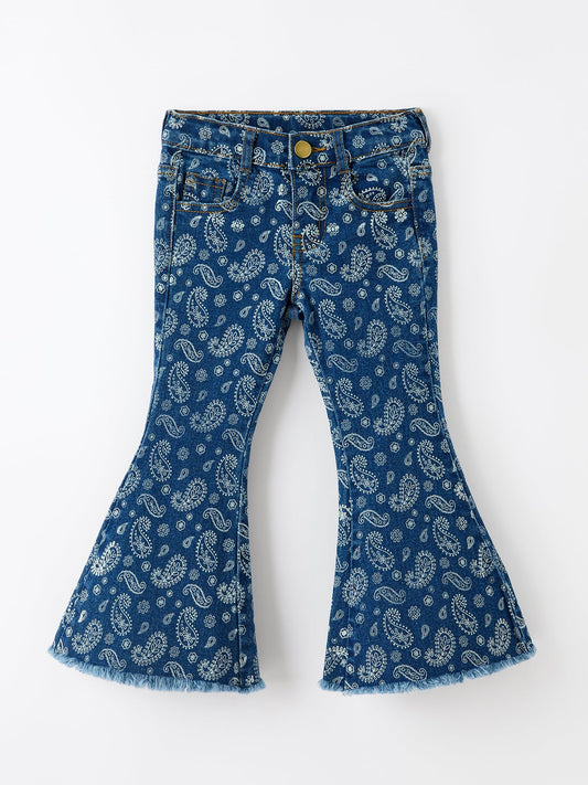 Girls Denim Bell Bottom Pants Decorative Print Flare Jeans -
