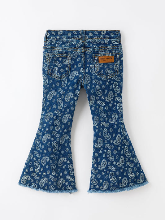 Girls Denim Bell Bottom Pants Decorative Print Flare Jeans -