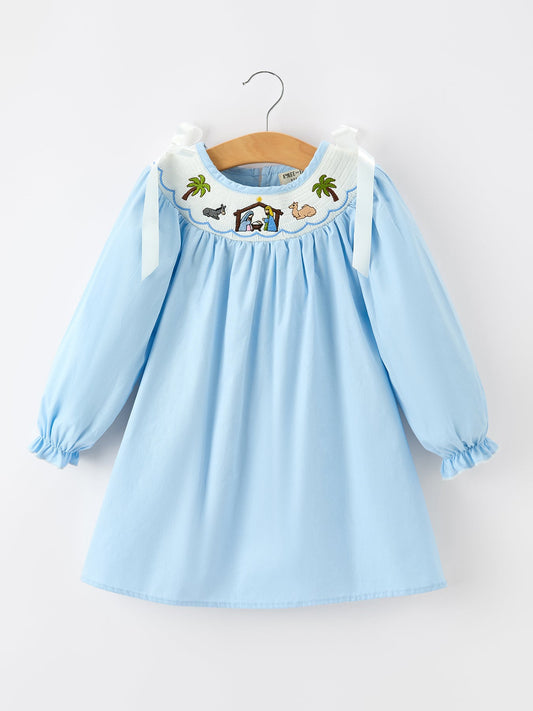Christmas Nativity Smocked Long Sleeve Girls Dress -