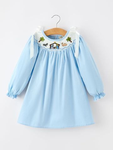 Christmas Nativity Smocked Long Sleeve Girls Dress