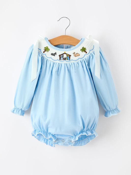 Christmas Nativity Smocked Baby Bubble Romper -