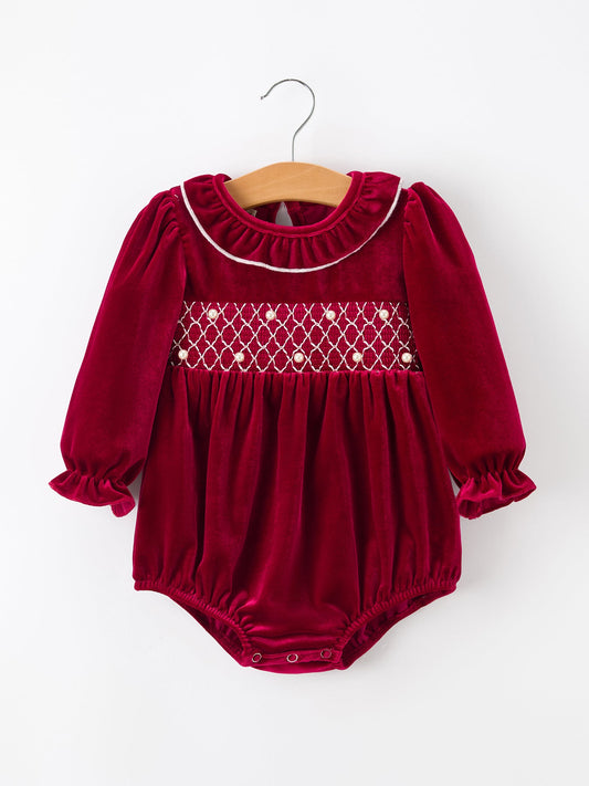 Christmas Velvet Smocked Baby Bubble Romper with Pearl Detail -