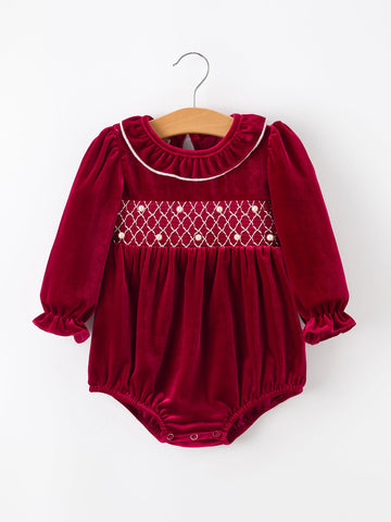 Christmas Velvet Smocked Baby Bubble Romper with Pearl Detail