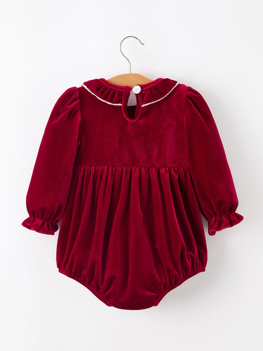Christmas Velvet Smocked Baby Bubble Romper with Pearl Detail -