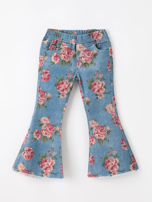 Girls Floral Denim Bell Bottom Pants Rose Print Flare Jeans -