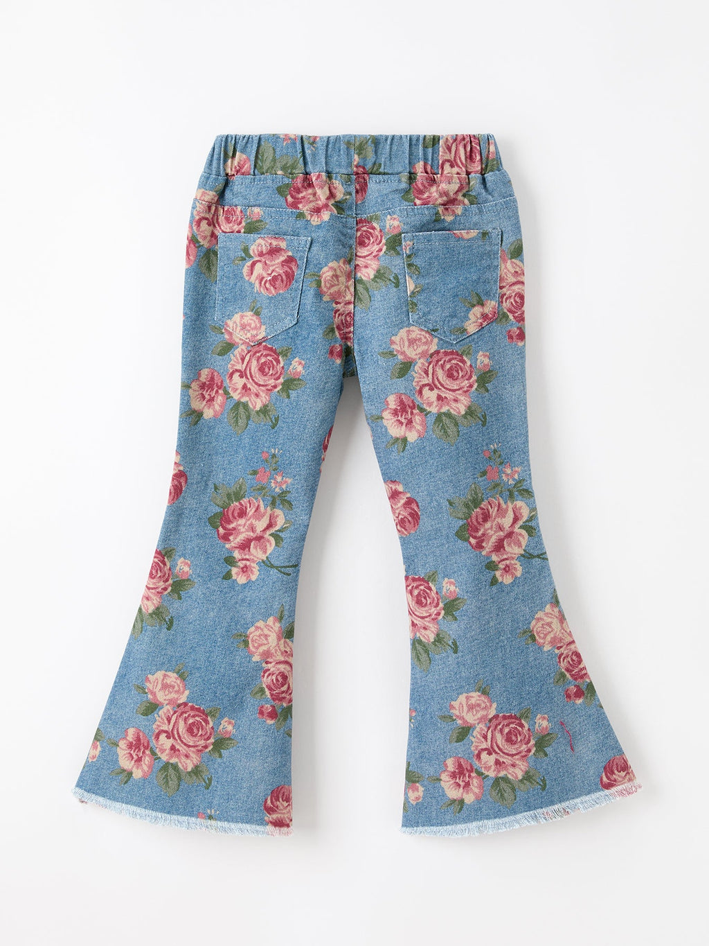 Girls Floral Denim Bell Bottom Pants Rose Print Flare Jeans -
