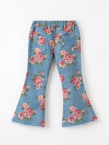 Girls Floral Denim Bell Bottom Pants Rose Print Flare Jeans -