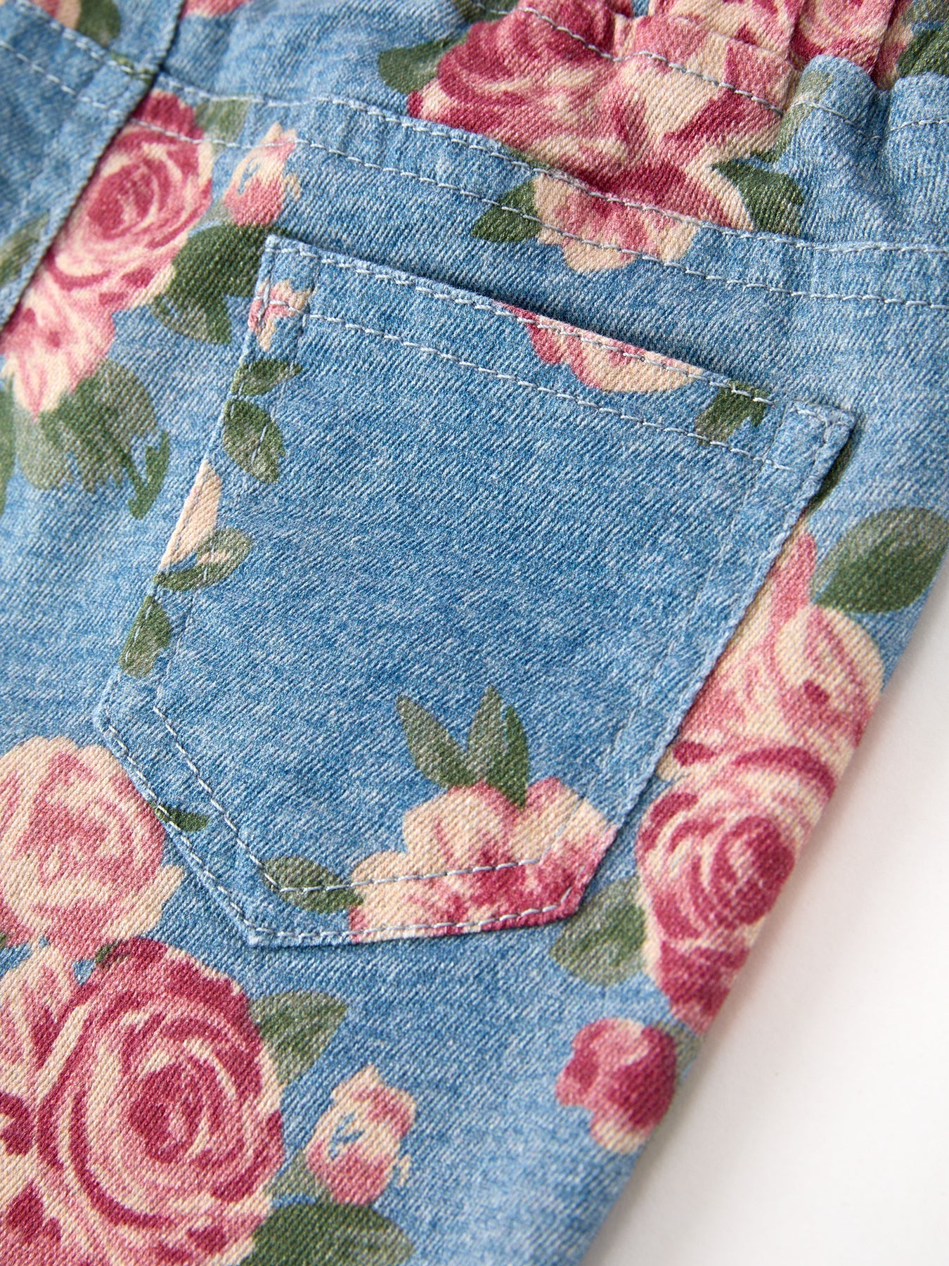 Girls Floral Denim Bell Bottom Pants Rose Print Flare Jeans -