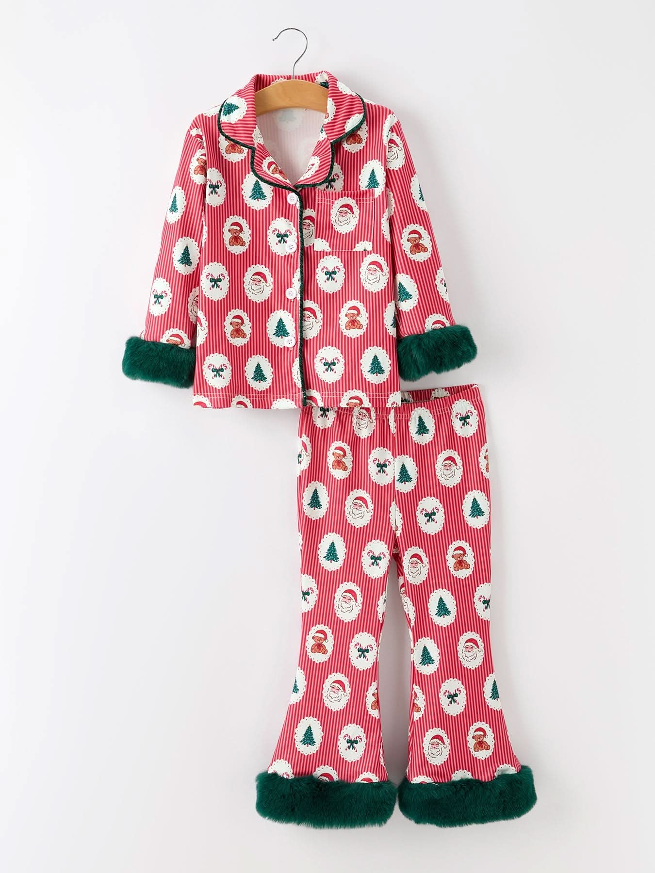 Mommy and Me Christmas Santa Print Pajama Set with Fur Trim -