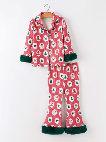 Mommy and Me Christmas Santa Print Pajama Set with Fur Trim -