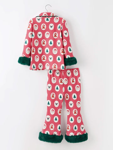 Mommy and Me Christmas Santa Print Pajama Set with Fur Trim -