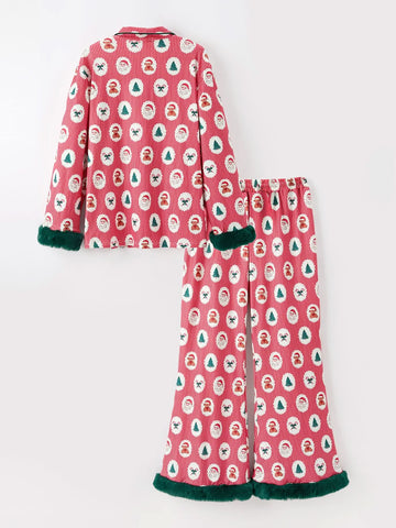 Mommy and Me Christmas Santa Print Pajama Set with Fur Trim -