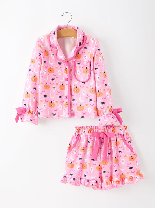 Halloween Pumpkin Ghost Print Girls Pajama Set Long Sleeve Top and Shorts -