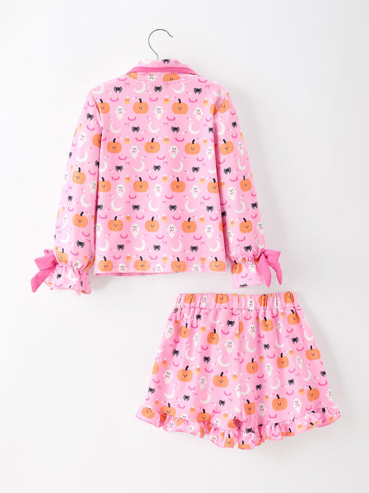 Halloween Pumpkin Ghost Print Girls Pajama Set Long Sleeve Top and Shorts -