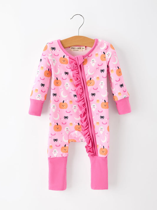 Halloween Pumpkin Ghost Print Baby Girl Pajamas Ruffle Zipper Romper -