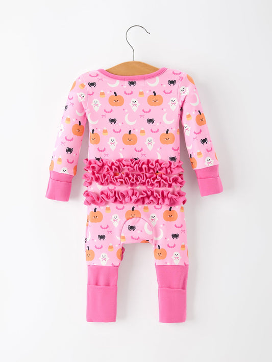 Halloween Pumpkin Ghost Print Baby Girl Pajamas Ruffle Zipper Romper -