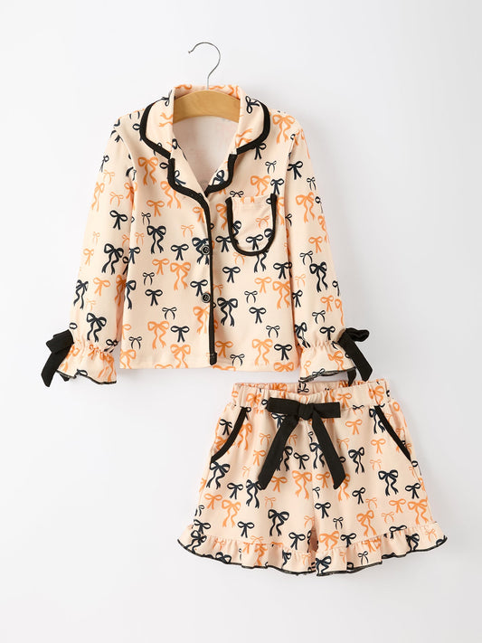 Halloween Bow Print Girls Pajama Set Long Sleeve Top and Shorts -