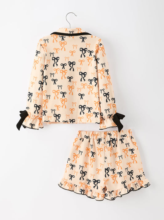 Halloween Bow Print Girls Pajama Set Long Sleeve Top and Shorts -