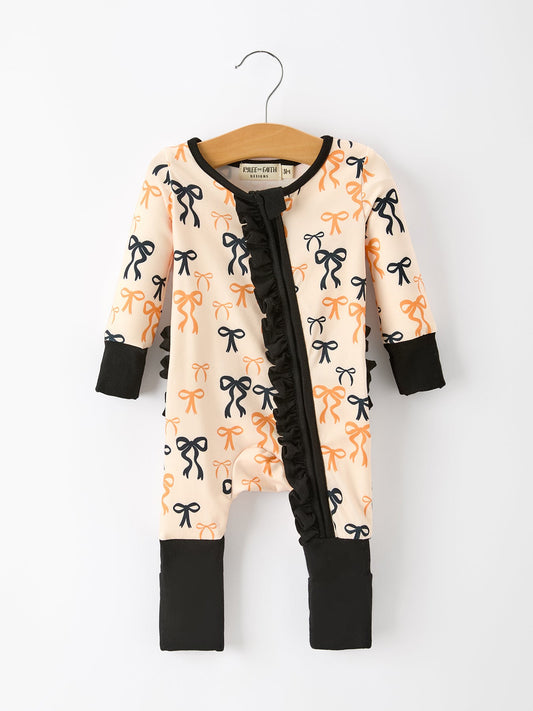 Halloween Bow Print Baby Girl Pajamas Ruffle Zipper Romper -