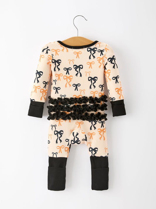 Halloween Bow Print Baby Girl Pajamas Ruffle Zipper Romper -