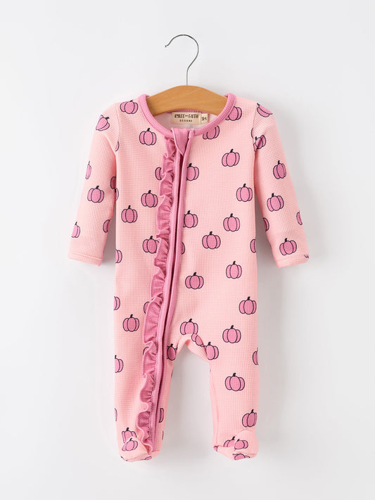 Fall Thanksgiving Pink Pumpkin Ruffle Zip Sleeper Waffle Jumpsuit -