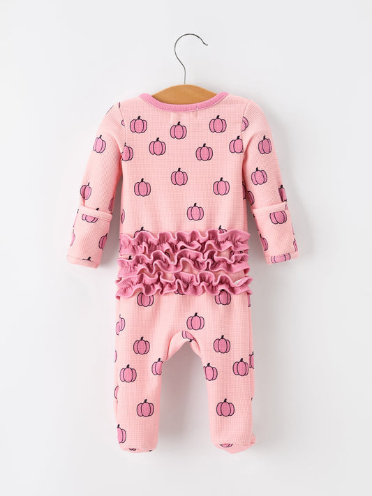 Fall Thanksgiving Pink Pumpkin Ruffle Zip Sleeper Waffle Jumpsuit -