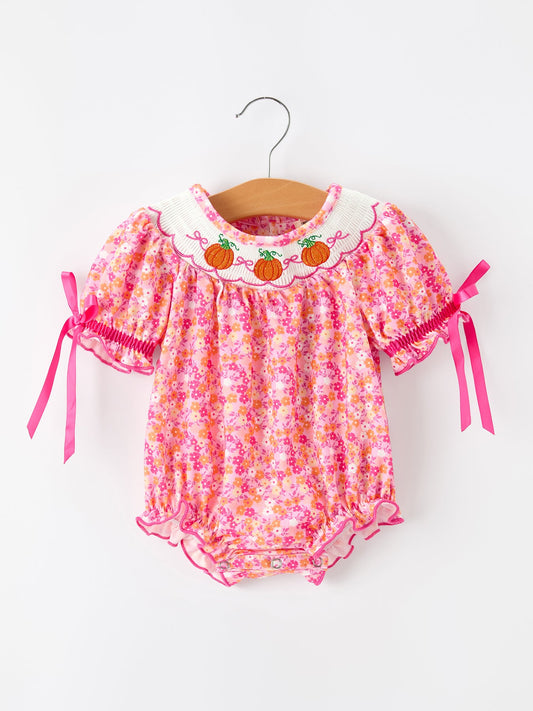 Girls Halloween & Thanksgiving Floral Smocked Bubble Romper -