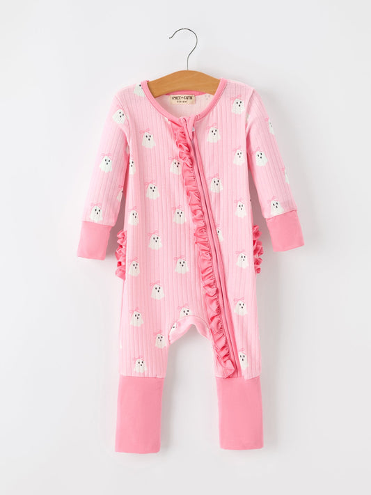 Halloween Ghost Baby Girl Pink Pajamas Ruffle Zipper Romper -