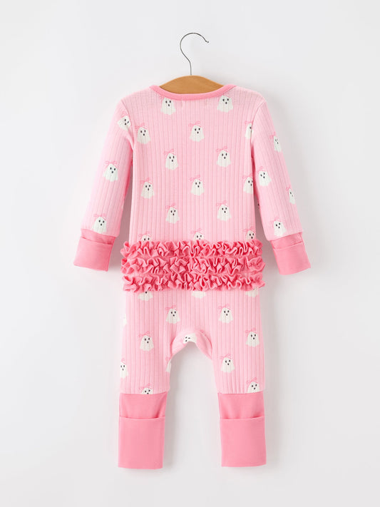 Halloween Ghost Baby Girl Pink Pajamas Ruffle Zipper Romper -