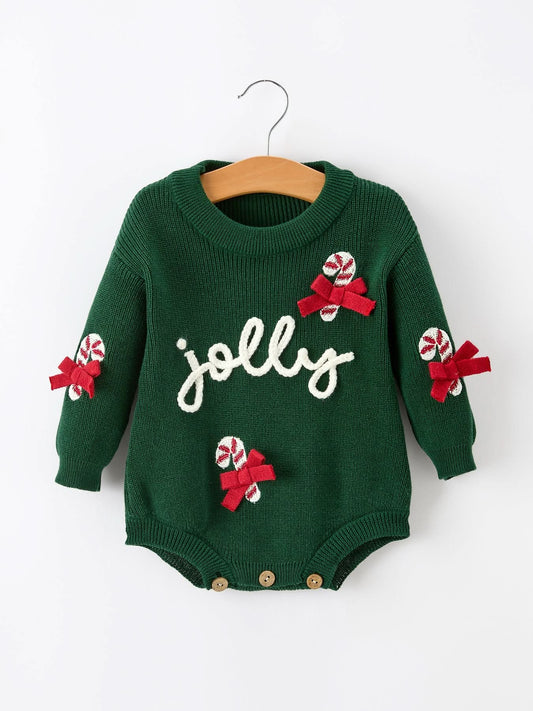 Christmas Jolly Candy Cane Knit Baby Romper -