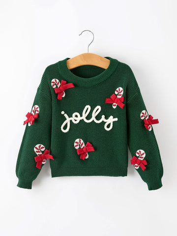 Girls Christmas Jolly Candy Cane Bow Knit Sweater -