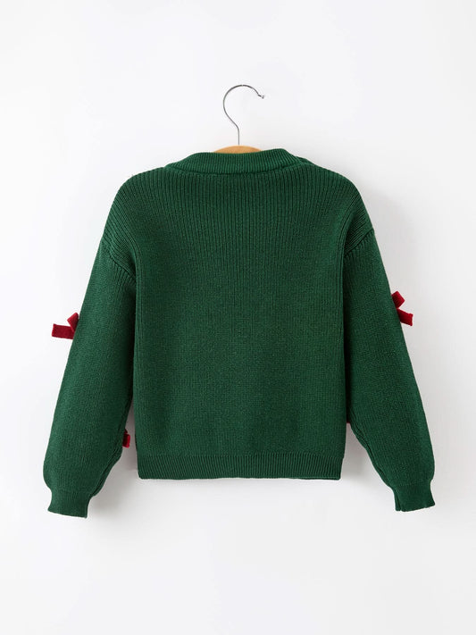 Girls Christmas Jolly Candy Cane Bow Knit Sweater -
