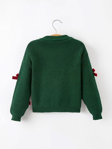 Girls Christmas Jolly Candy Cane Bow Knit Sweater -