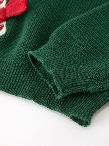 Girls Christmas Jolly Candy Cane Bow Knit Sweater -