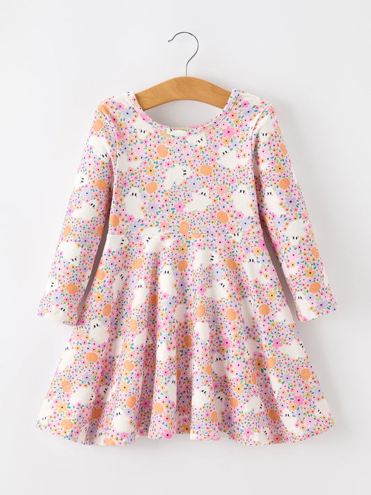 Halloween Ghost Print Girls Twirl Dress Long Sleeve -